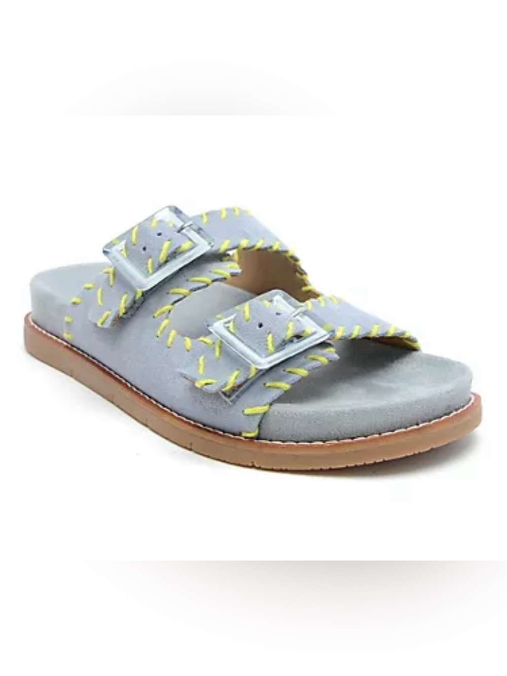 Earth news women’s Light Gray Suede Double-Buckle Sandals with Yellow Stitching
